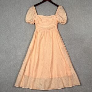 O.P.T. Midi Dress Size XS Peach Leaf Print River Puff Sleeve Square Neck Pockets
